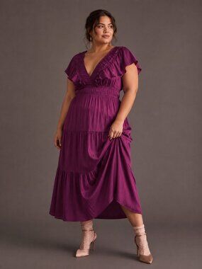 Anthropologie Ruffled Tiered Midi Dress In Purple Plum Berry Size 2XL